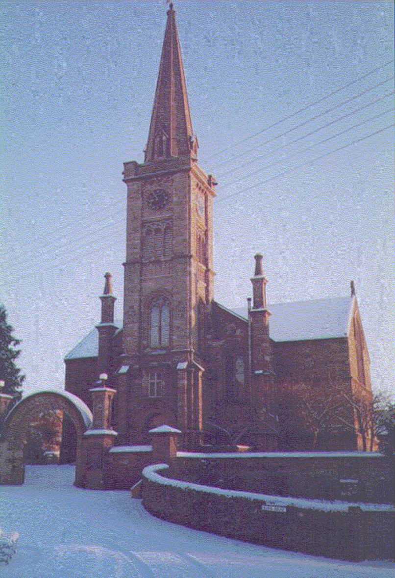 A snowy front entrance to Alyth Parish Church